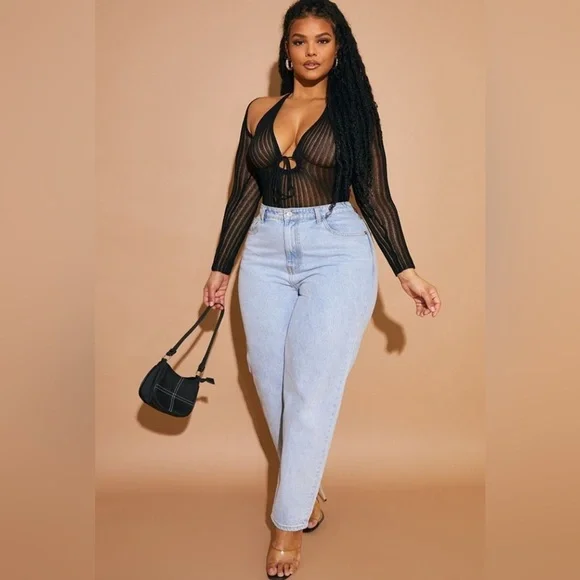 NWT PrettyLittleThing Plus Black Sheer Knit Bodysuit w/ Sleeves Size XXXL - Picture 3 of 7